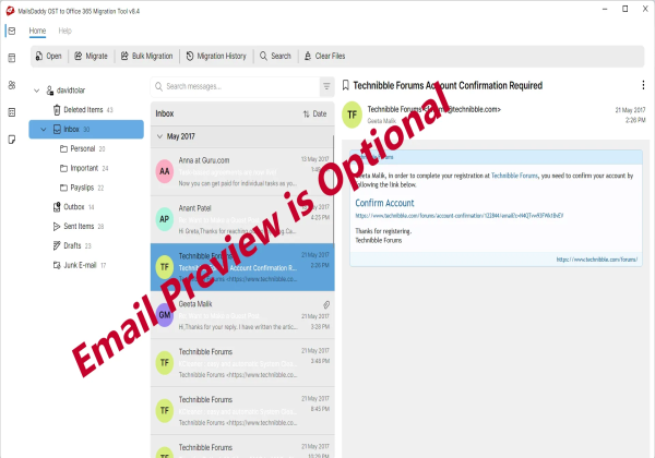 Preview of mailbox items