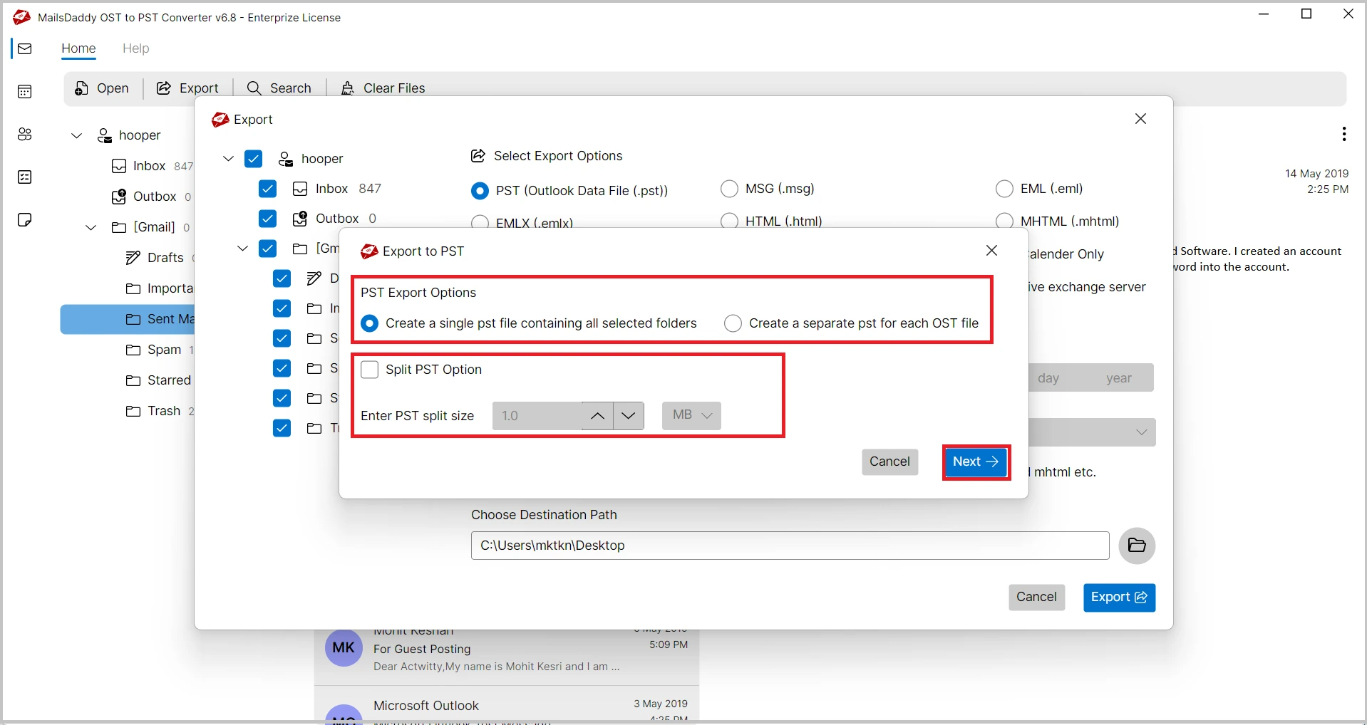 select option and spilt pst file